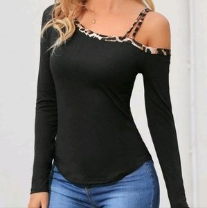 COPY - SHEIN Emery Rose Leopard Trim Asymmetrical Tee